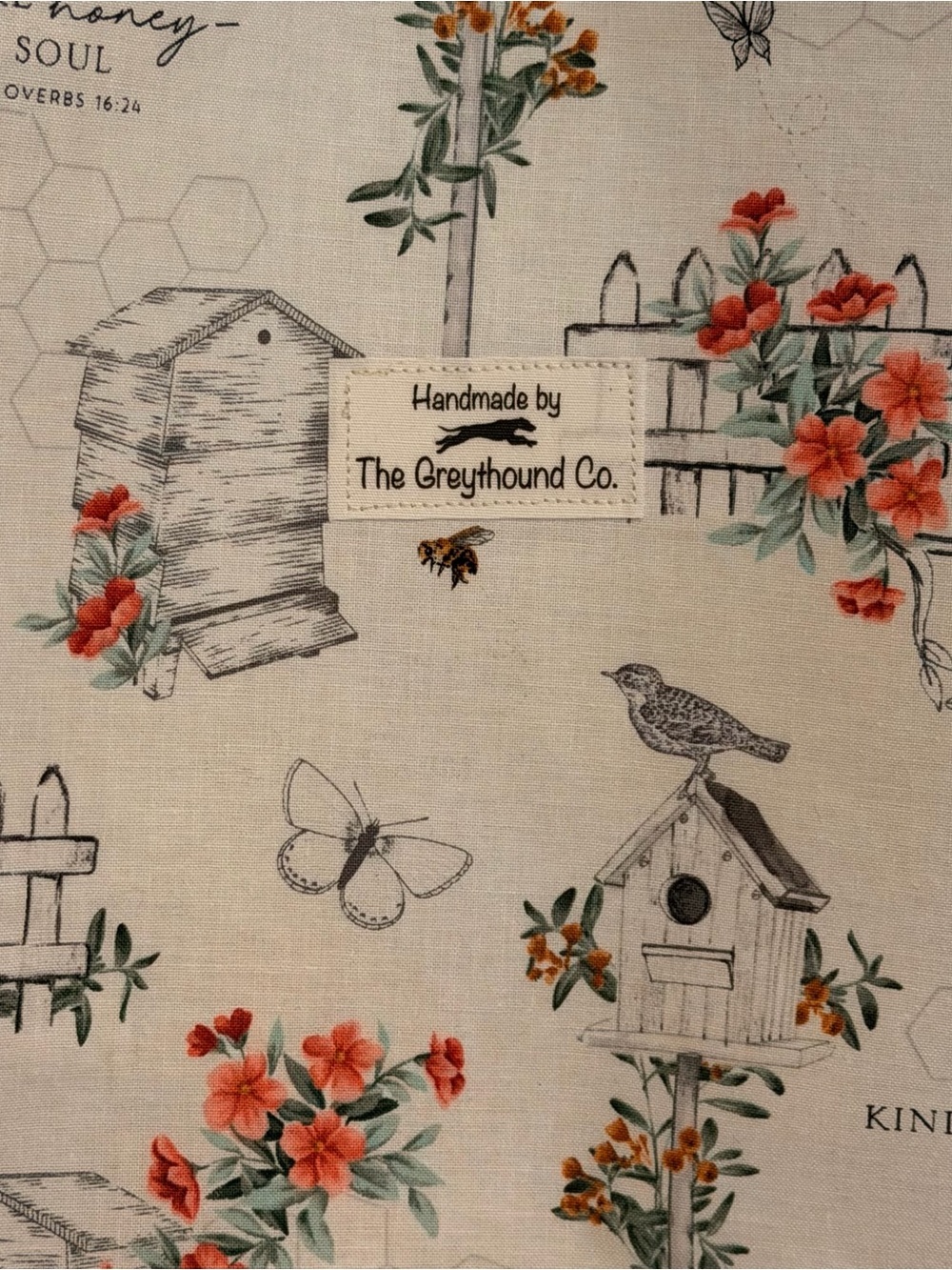 Handmade Floral Birdhouse & Beehive Canvas Tote Bag with Navy Strap - Picture 3 of 3